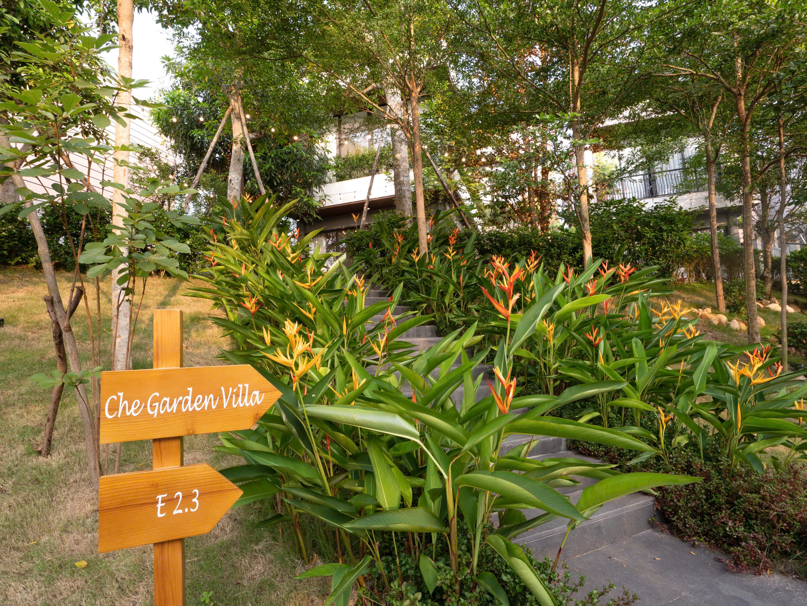 Không gian ngoại thất của Che Garden Villa với bể bơi và cây xanh